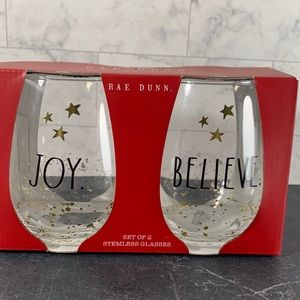 NWT set of 2 Rae Dunn JOY BELIEVE stemless wine glasses